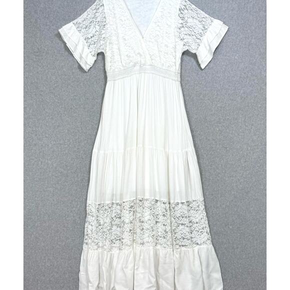 Simplee Lace Maxi Dress Size L SS V Neck Lined Destination Beach Wedding Bridal - Picture 2 of 16
